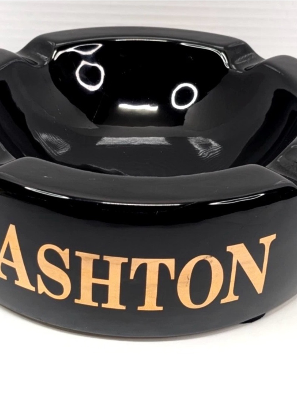 Vintage ASHTON Black & Gold Glossy Ceramic Cigar Ashtray 8"